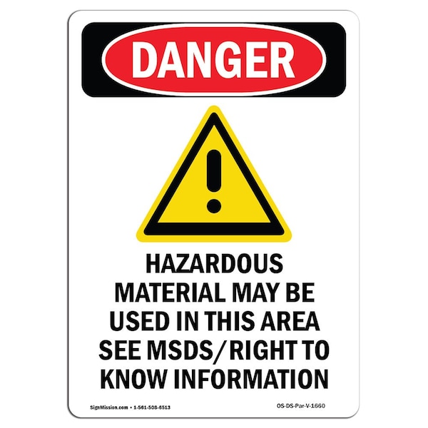Safety Sign, OSHA Danger, 5" Height, Hazardous Material, Portrait, 10PK